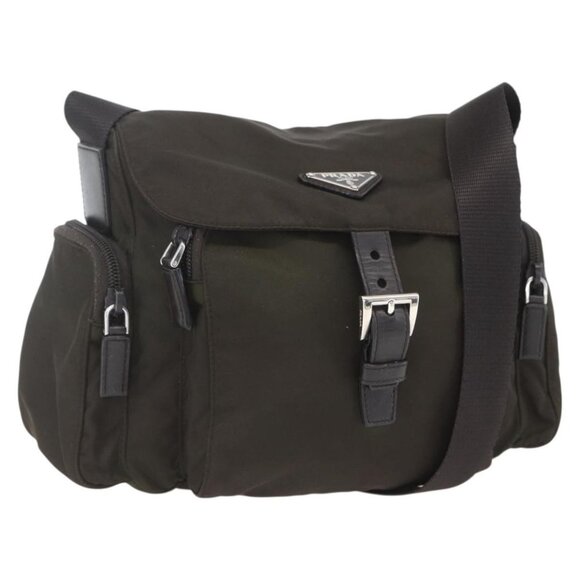 Authentic PRADA Shoulder Bag Nylon Khaki Silver